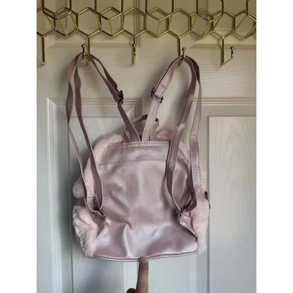 Disney Stitch Pink Faux Fur Small Mini Backpack, Zip Closure, Adjustable Strap
